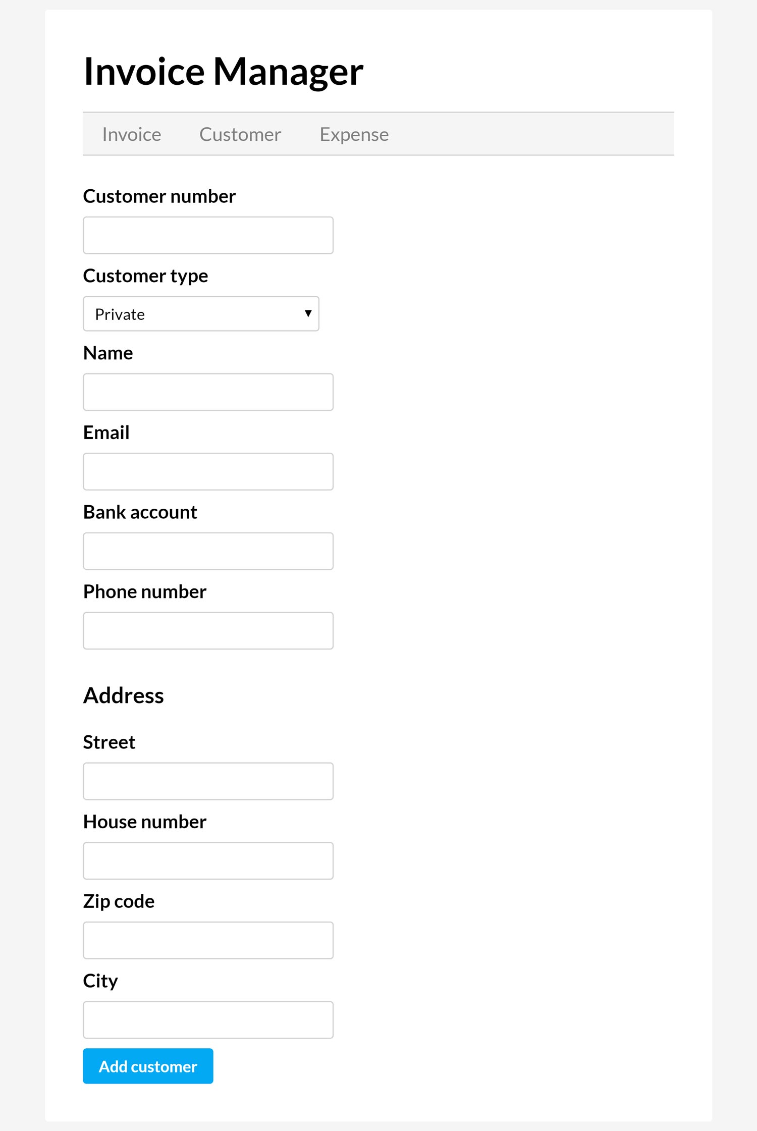 Invoice manager form for adding new customers