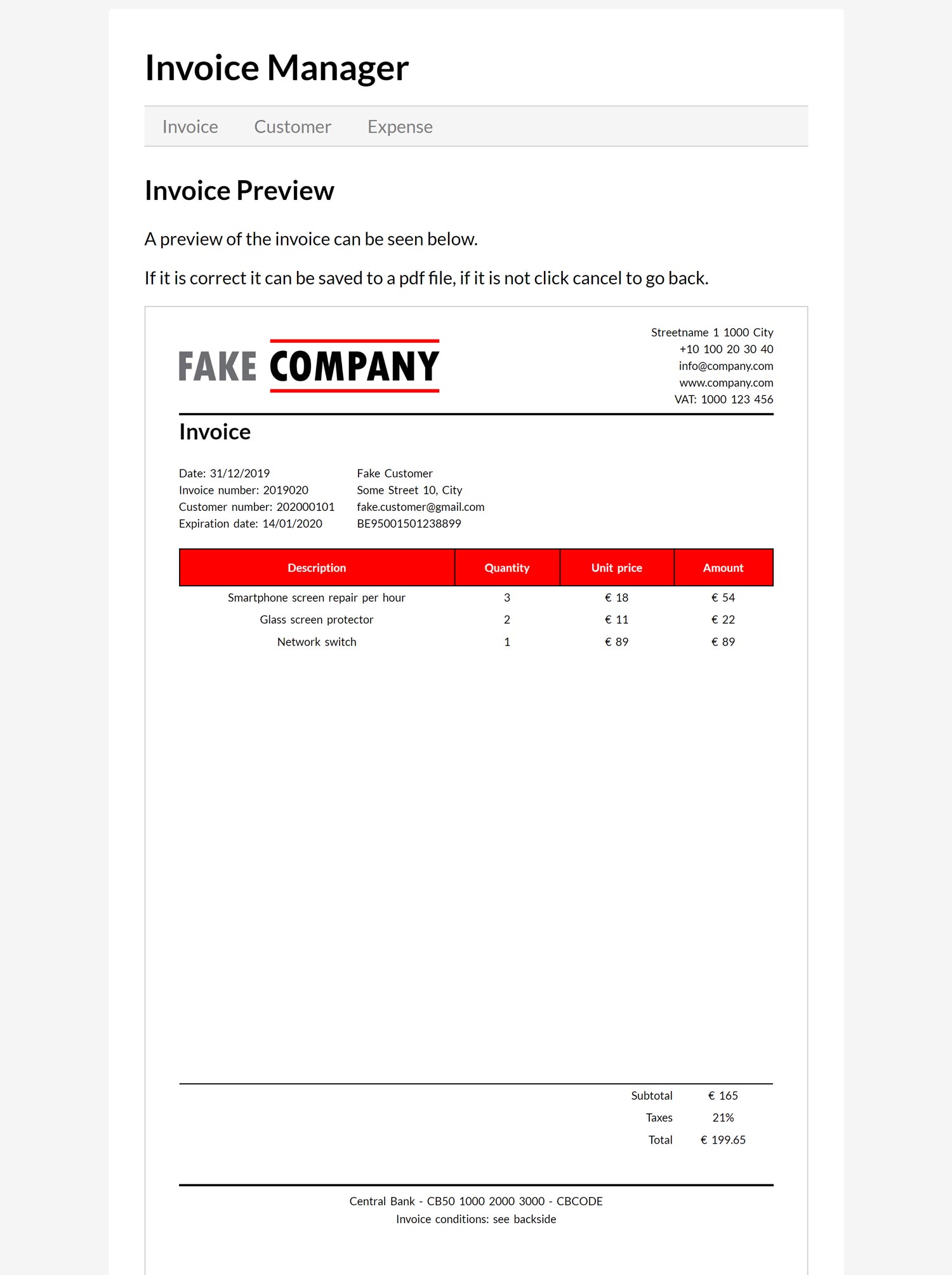invoice manager pdf preview page