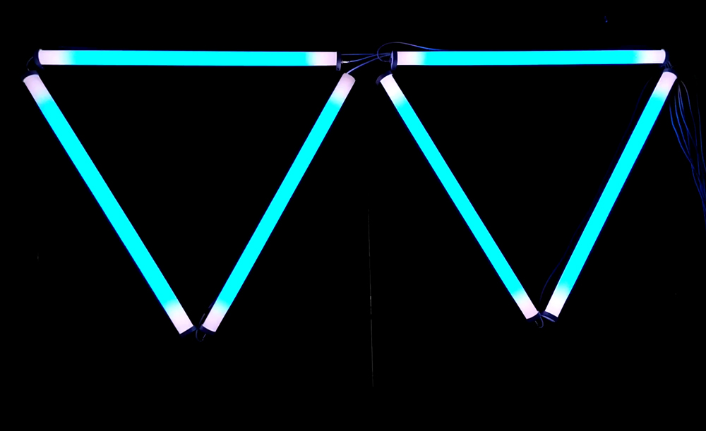 RGB led tubes mounted on a wall in two triangle shapes